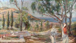 [paysage Anime En Afrique Du Nord.] Huile Sur Toile, Signee En Bas A Droite by Jacques Hervens