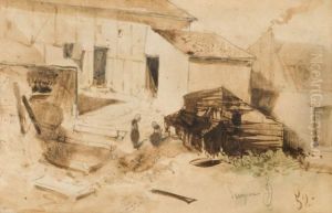 Deux Enfants Dans Une Cour De Ferme by Louis Adolphe Hervier