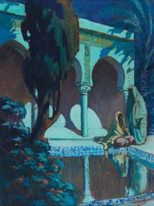 Deux Femmes En Haek Devant Un Palais by Edouard Herzig