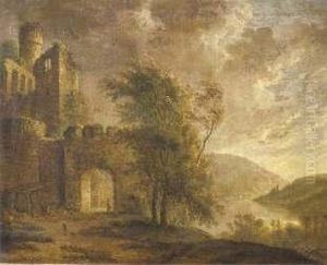 Paesaggio Fluviale Con Castello E Paesani by Ludwig Hess