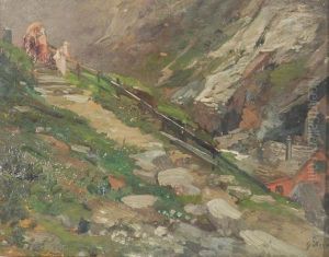"paesaggio Con Figure" Olio Su Tavola Firmato In Basso A Destra. Al Retro Dipinto Paesaggio Montano, In Cornice by Georg H. Hesse