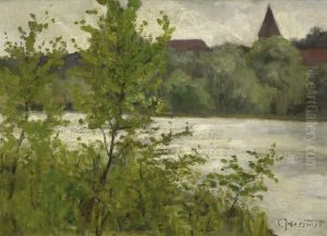 Flusslandschaft Mit Kirchturmspitze