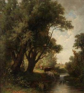 Vieh An Der Tranke Und Hirten Am Sommerlichen Dorfrand Vieh An Der Tranke Und Hirten Am Sommerlichen Dorfrand