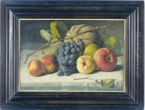 Still Life Of Grapes, A Melon, Peaches And Apples On A Table by George Hetzel