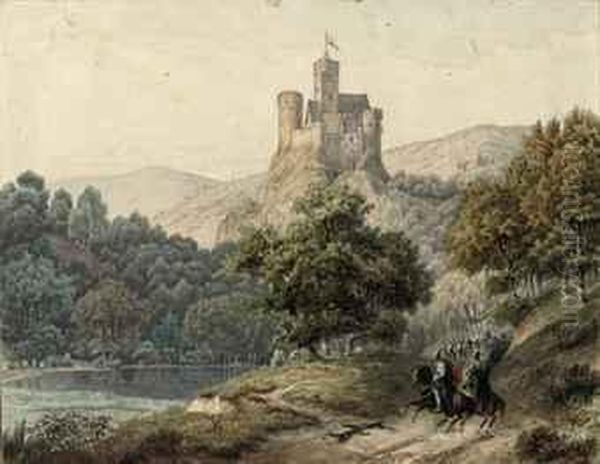 Knights On Their Horses Riding On A Forest Path Near A Castle - view 1