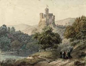 Knights On Their Horses Riding On A Forest Path Near A Castle by Friedrich Heunert