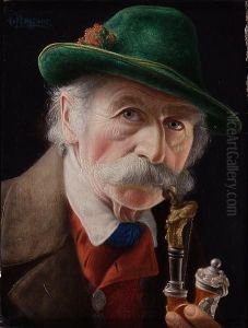 Portrait Of An Old Man With Pipe; Portrait Ofan Old Woman, Signed, A Pair Of Oils On Panel by Christian Heuser