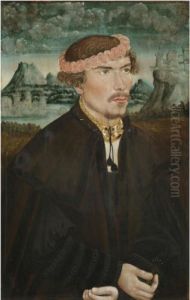 Portrait Of A Bridegroom, Half Length, Standing In A Landscape by Antonius Heusler