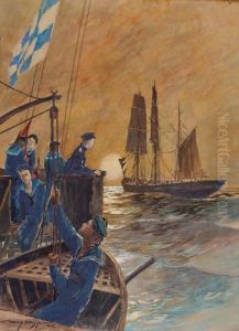 Marineszene Bei Sonnenuntergang by Heinrich Heusser