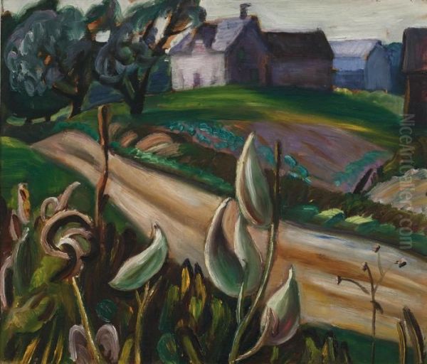 Country Road With Farm Buildings And Milkweed - view 1