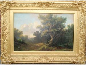 Shepherd And Sheep In A Woodland Landscape by Henry Hewitt