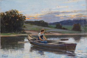 Junge Frau Im Boot Am Ufer Eines Oberbayerischen Sees In Abendstimmung Junge Frau Im Boot Am Ufer Eines Oberbayerischen Sees In Abendstimmung