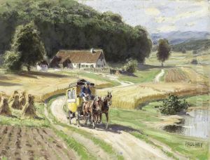 Fahrende Postkutsche In Sommerlicher Landschaft Fahrende Postkutsche In Sommerlicher Landschaft