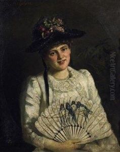 Portrait Of A Young Lady With Fan And Hat. Signed Above Left: Ch. Heyden by Christian Heyden