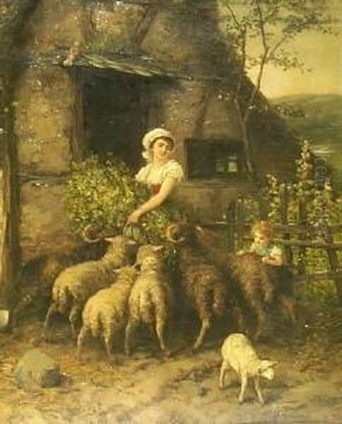 Bauerin Mit Kind Vor Einem Stallgebaude, Eine Schafherde Futternd. Unten Rechts Signiert Carl Heyden. Verso Signiert Und Bezeichnet Carl Heyden, Dusseldorf - view 1