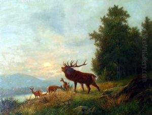 Flusslandschaft In Vorabendstimmung Mitkronhirsch Und Tieren Am Waldhang by Joseph Friedrich N. Heydendahl