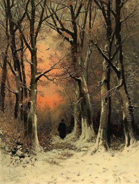 Abendlicher Winterwald Mit Einer Reisigsammlerin - view 1