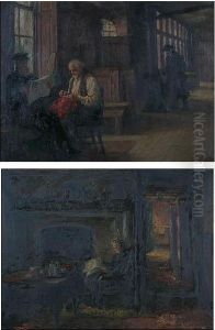 An Interior Scene With Men By A Window, Another Figure Walking, And Another, A Woman Taking Tea By A Fireside, A Pair