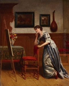 Binnenhuis Met Elegante Dame Voor Schildersezel by Gustaaf Antoon F. Heyligers