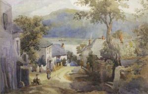 A Village Scene With Two Figures In The Foreground,cottages And Roadway Beyond Sloping Down To An Estuary