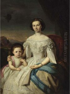 A Selfportrait Of The Artist, Seated Three-quarter Length, Wearing A White Dress, Together With Her Daughter Marie by Rosa Heymann-Figdor