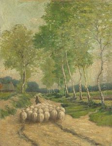 Herder En Schapen In Dreef by Adriaan Jozef Heymans