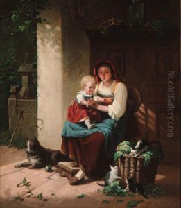A Mother And Child In A Sunlit Doorway by Auguste Heyn