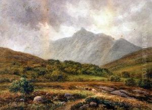 Cattle And A Drover In A Mountainous Landscape by Ward Heys