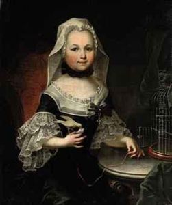 Portrait Of Antonia, Countess Of Lamberg, Three-quarter-length, Ina Black And White Dress With Lace Cuffs, Holding A Bird By Astring