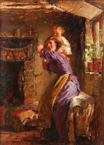 A Woman And A Small Child In A Cottageinterior