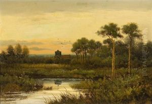 View Across A River To A Church At Dusk by Herbert William Hicks