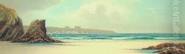 "bishop's Rock, Newquay, Cornwall"; Gouache, Signed, 18x53cm - view 1