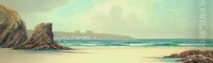 "bishop's Rock, Newquay, Cornwall"; Gouache, Signed, 18x53cm by Herbert William Hicks