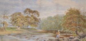 Angler On A Riverbank by Frank Hider