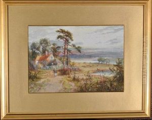 A Country Cottage At Evening With A Figure On The Path In The Foreground And Sheep Grazing In The Middle Distance by Frank Hider