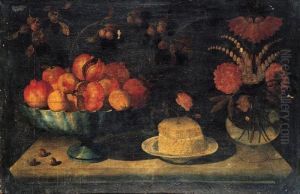 Still Life Of A Bowl Of Pomegranates And Peaches, Together With A White Cheese With A Honeycomb And Rose On A Porcelain Dish, With Flowers In A Glass Vase, Arranged Upon A Stone Table-top by Pseudo Hiepes