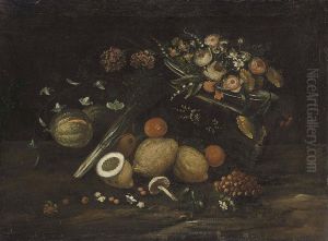 Oranges, Mushrooms And Grapes On A Ledge With Roses, Lilies And Other Flowers On A Silver Tray