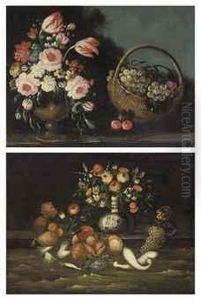 Oranges, Mushrooms And Grapes On A Ledge With Roses, Lilies Andother Flowers On A Silver Tray by Tomas Hiepes