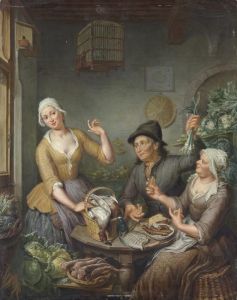 The Interior Of A Grocer's Shop, With The Grocer And His Wife Presenting Their Wares, A Birdcage Above The Interior Of A Grocer's Shop, With The Grocer And His Wife Presenting Their Wares, A Birdcage Above