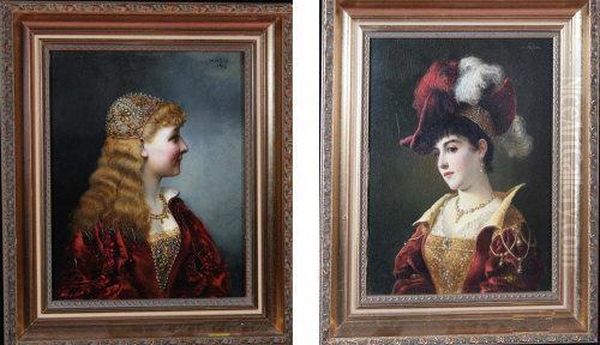 Portraits Of Young Noblewomen Wearing Richly Decorated Clothes And Jeweled Caps - view 1
