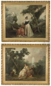 Two Elegant Women In A Garden In Various Pursuits.