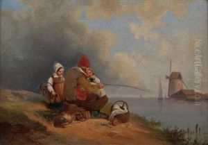 Angler Mit Seinen Kindern An Einer Meeresbucht Mit Windmuhle by Eduard Hildebrandt