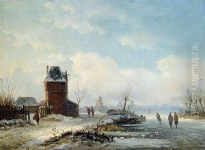 Wintry Canal Landcape Near By A Dutch Town