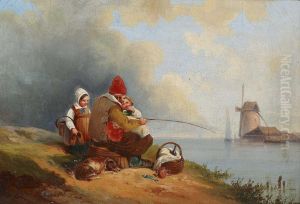 "angler Mit Zwei Tochtern Und Hund Am Ufer" by Eduard Hildebrandt