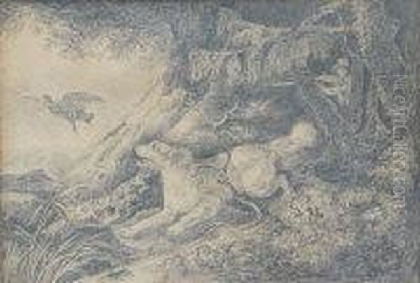 A Huntsman And Hound Chasing Bird Up In A Wooded Copse - view 1
