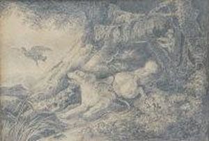 A Huntsman And Hound Chasing Bird Up In A Wooded Copse by Jesse Jewhurst Hilder