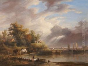 Ariver Landscape With Figures On A Cart And Horse
