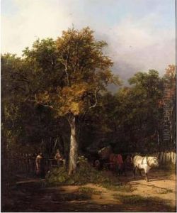 Horse And Cart On A Wooded Track by John Hilder