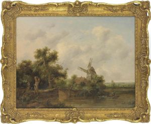 A River Landscape With A Man Punting, A Windmill Beyond