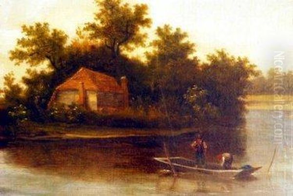 Figures On A Punt Boat Near A Cottage And Trees - view 1